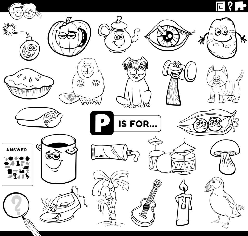 letter p educational task coloring book page vector