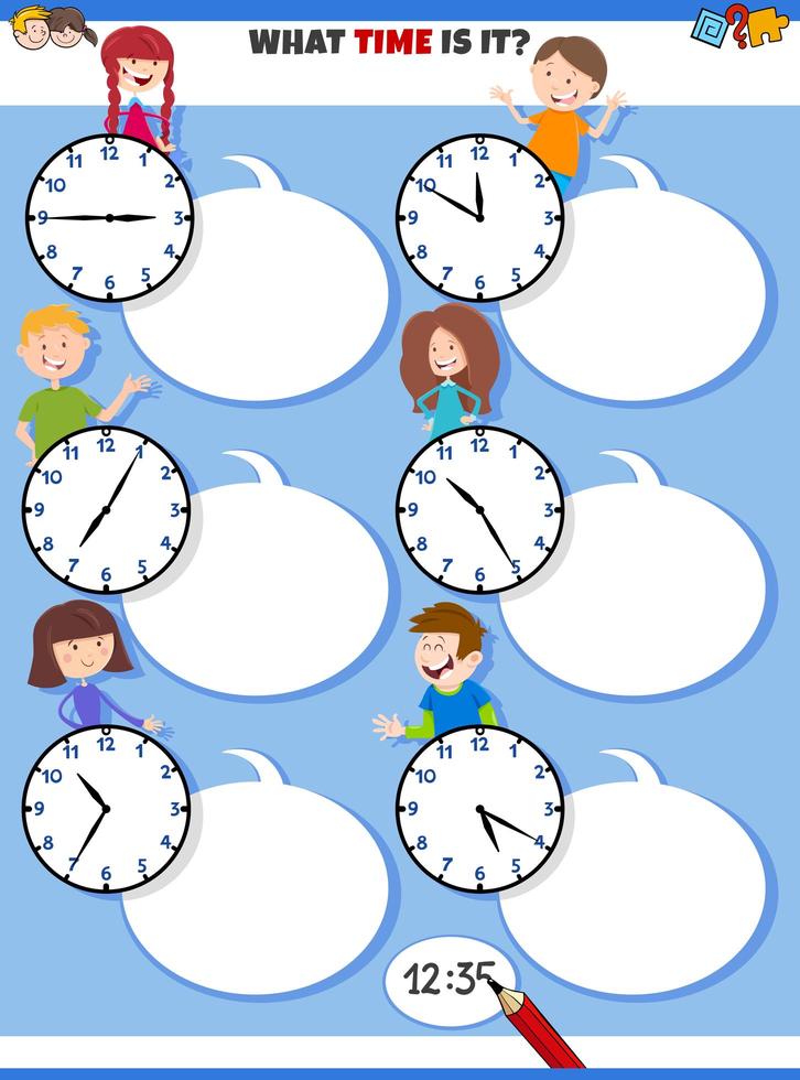 telling time educational task with cartoon kids vector