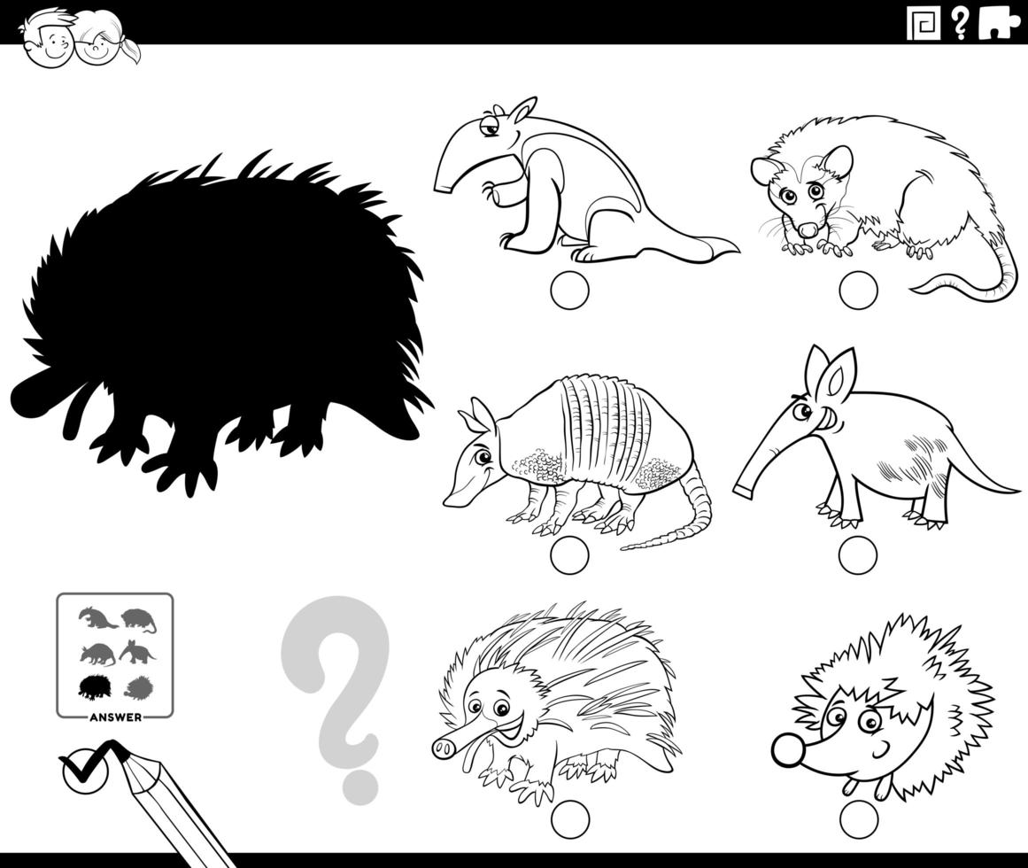 shadows game with cartoon wild animals coloring book page vector