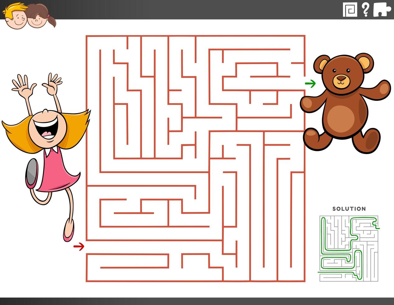 juego educativo laberinto con niña y oso de peluche vector