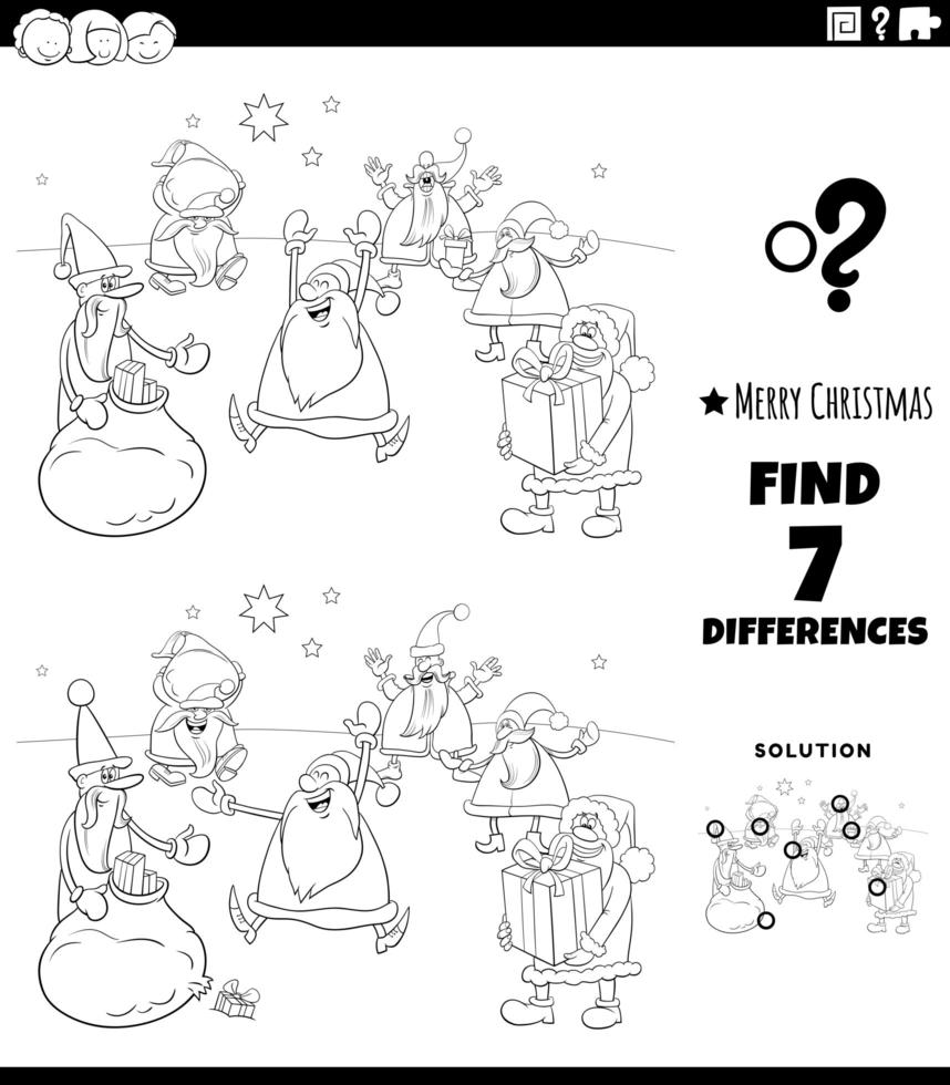 Diferencias tarea con personajes navideños página de libro para colorear vector