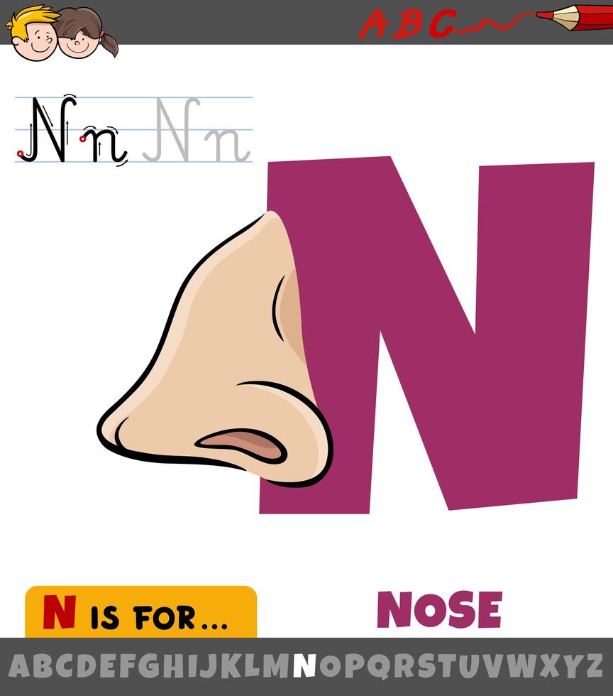 letter N worksheet with cartoon nose vector