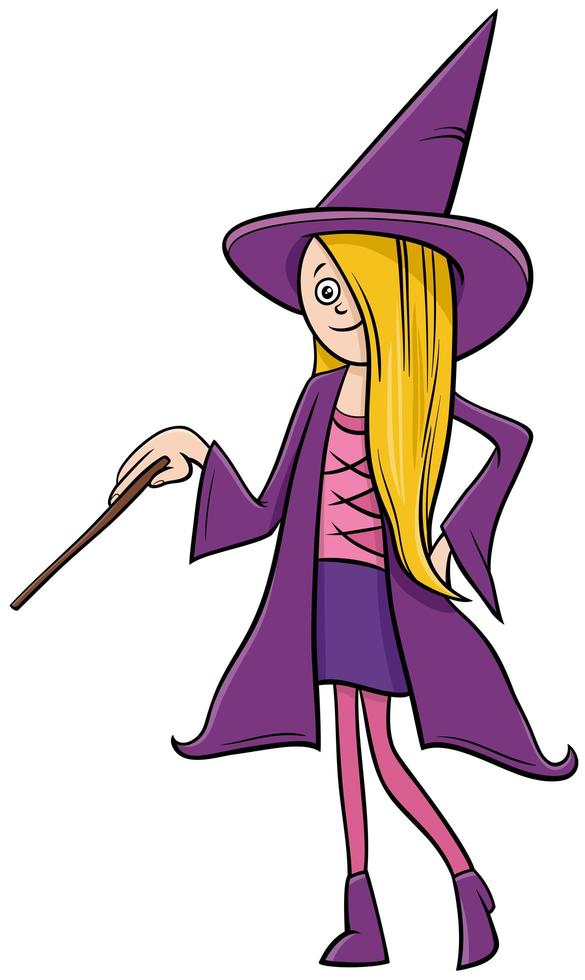 girl in witch costume at Halloween party cartoon illustration vector