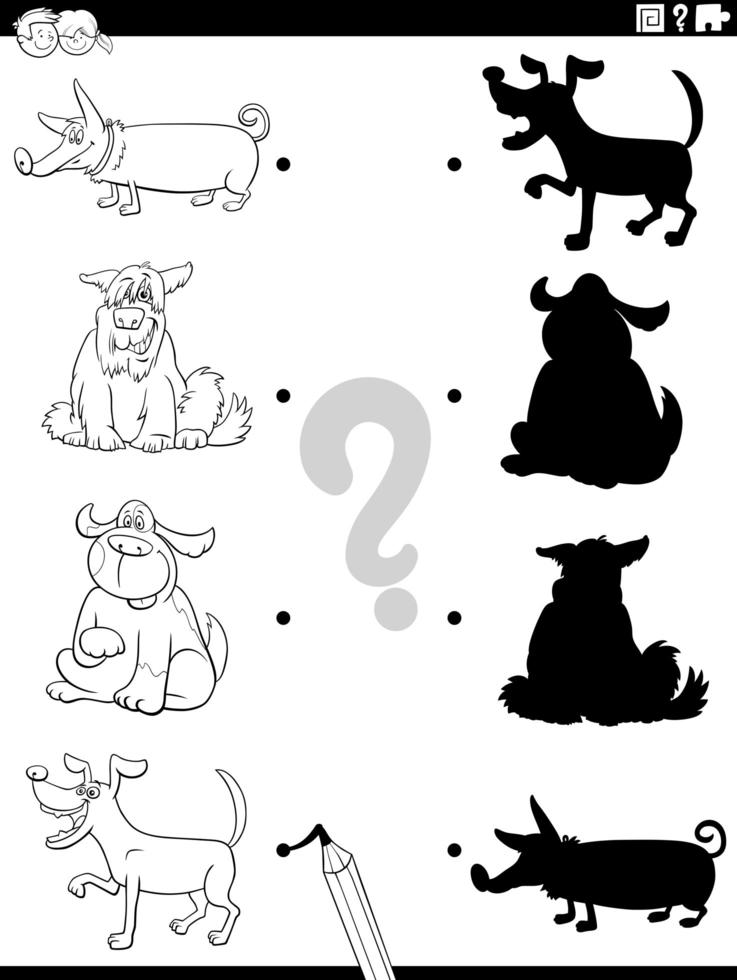 Tarea de sombra con perros de dibujos animados para colorear página del libro vector
