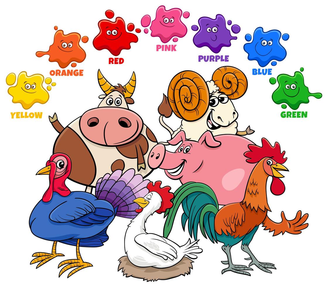 colores básicos para niños con grupo de personajes de animales de granja vector