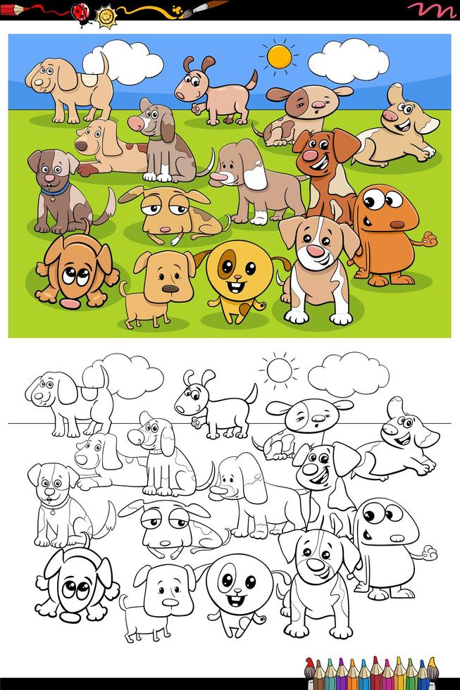 cartoon funny puppies group coloring book page vector