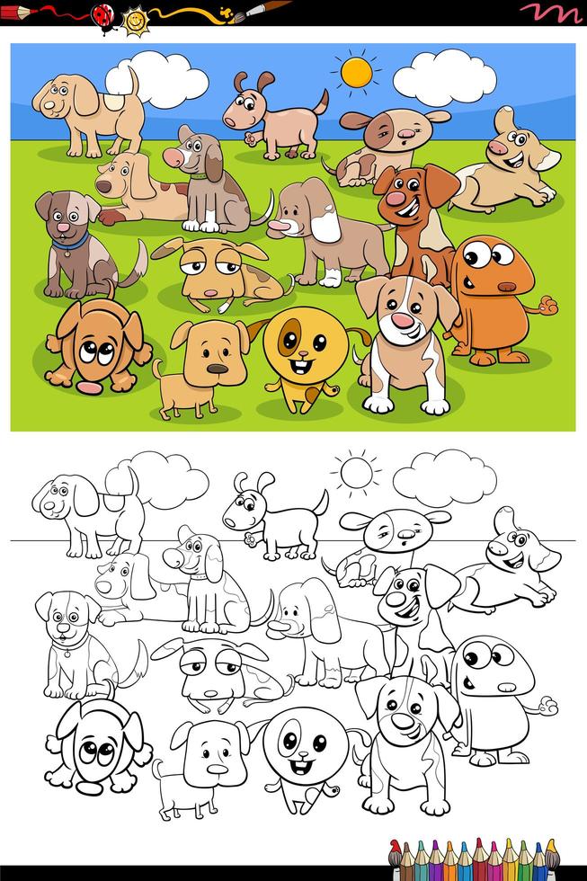 caricatura, divertido, cachorros, grupo, libro colorear, página vector