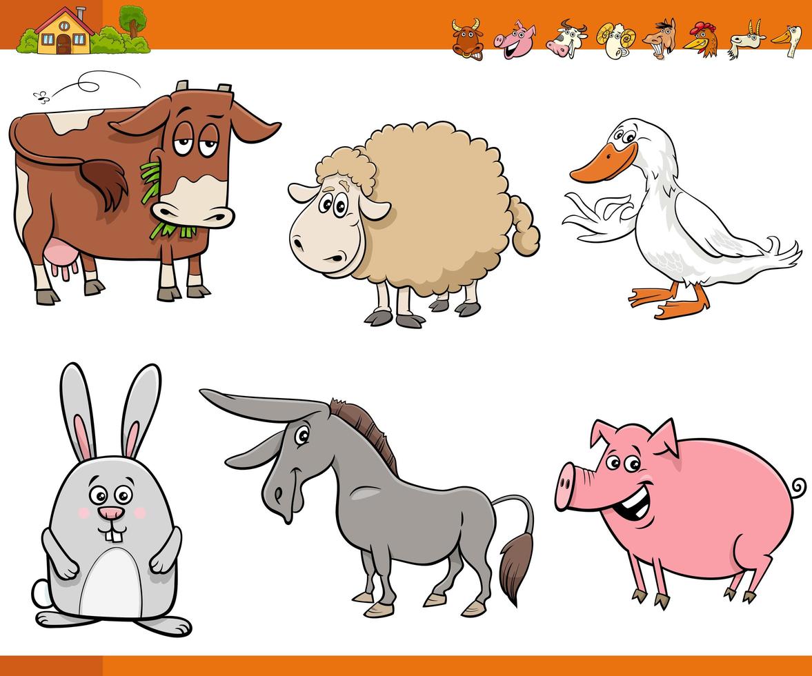 cartoon farm animal comic characters set vector