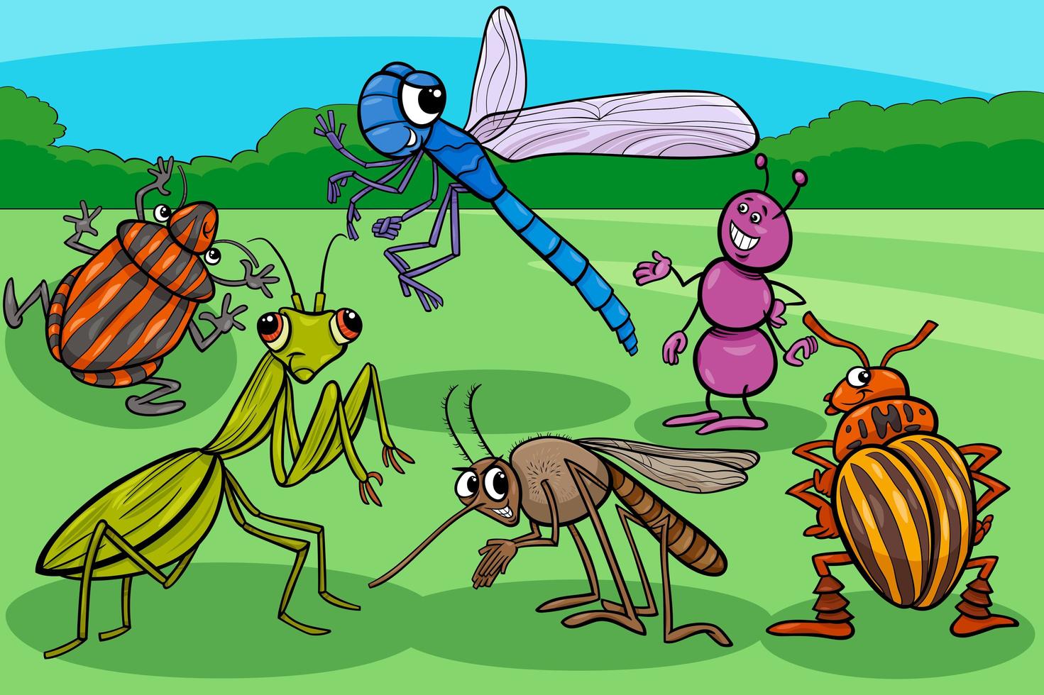 insects and bugs funny cartoon characters group vector