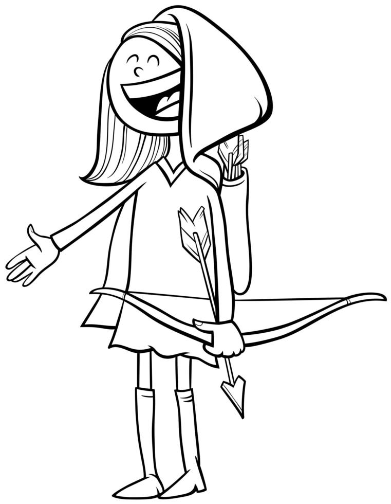 girl in Robin Hood costume at Halloween party coloring book page vector