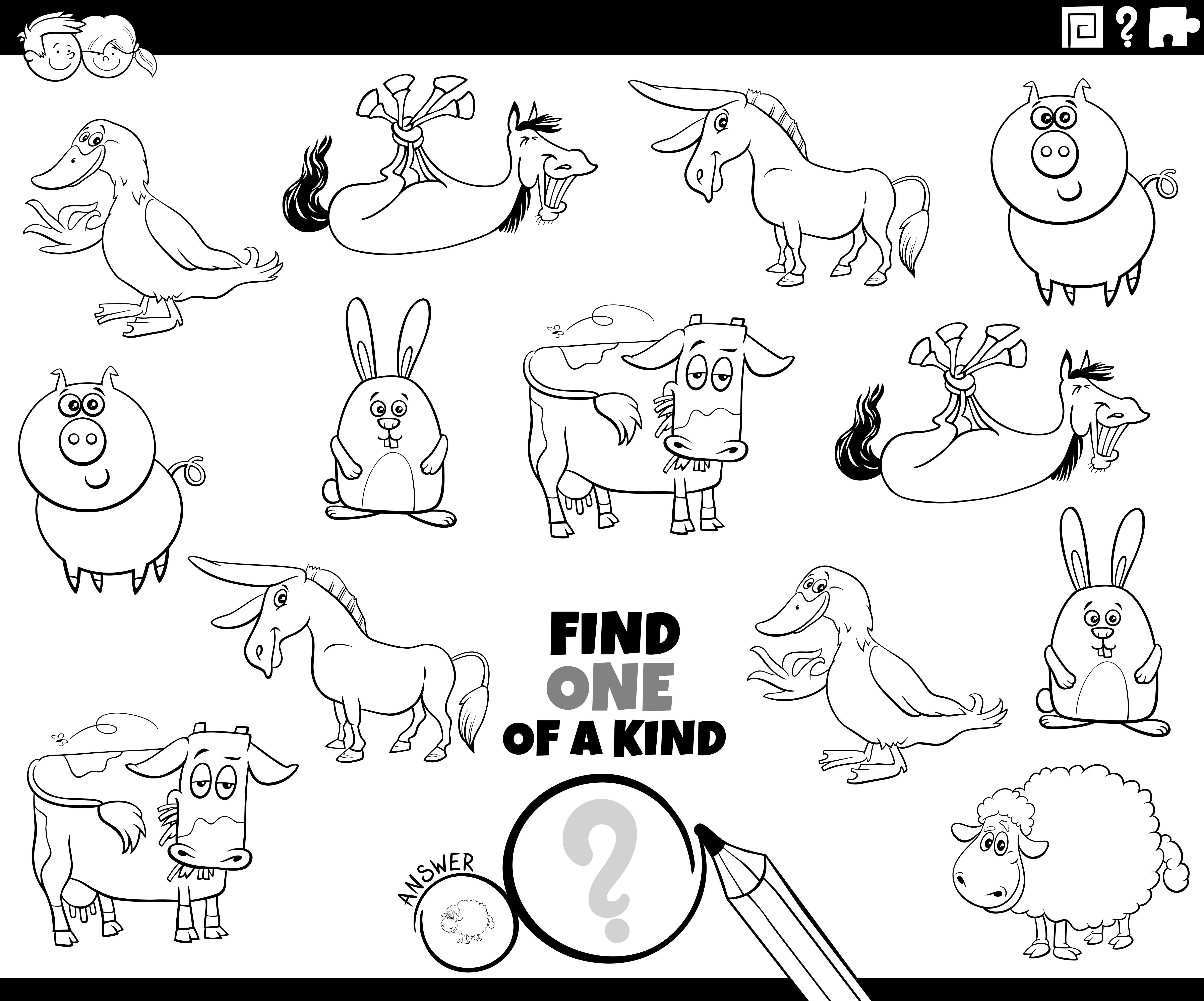 Download One Of A Kind Task With Farm Animals Coloring Book Page 1945338 Vector Art At Vecteezy