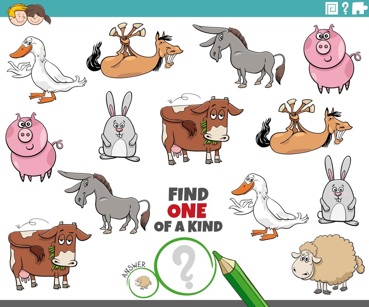 one of a kind game for children with farm animals vector