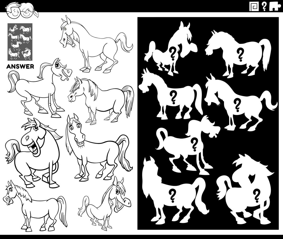 juego de formas coincidentes con caballos para colorear página del libro vector