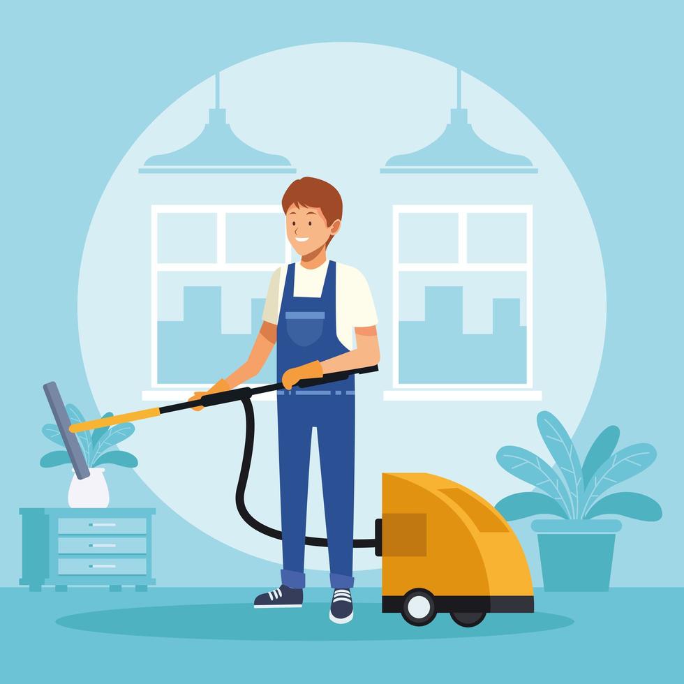 housekeeping male worker with vacuum cleaner vector