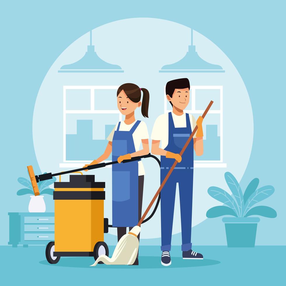 Trabajadores de pareja de limpieza con aspiradoras vector