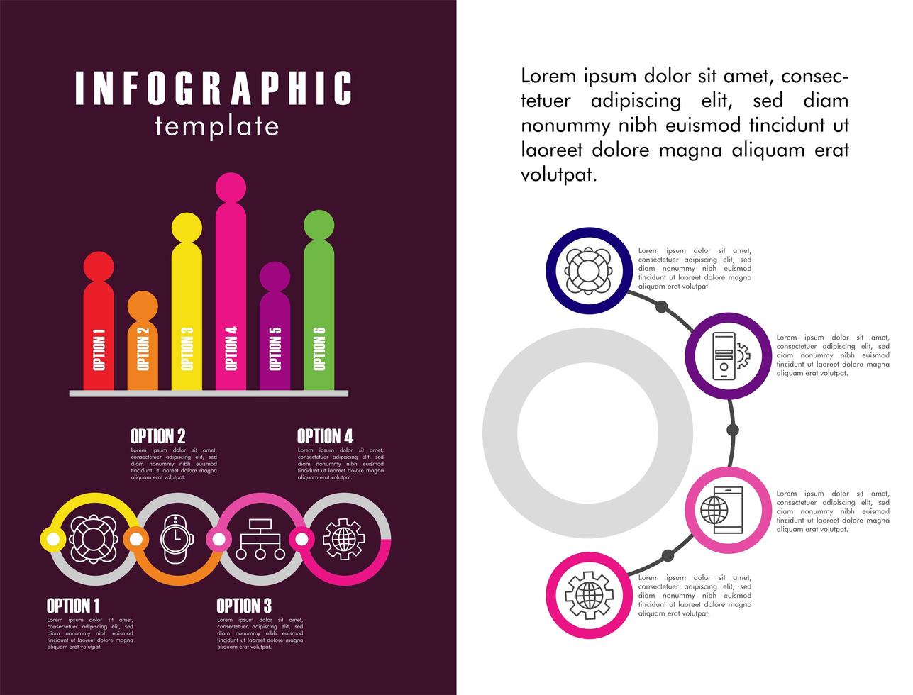 Plantilla infográfica con estadísticas en fondo blanco y morado. vector