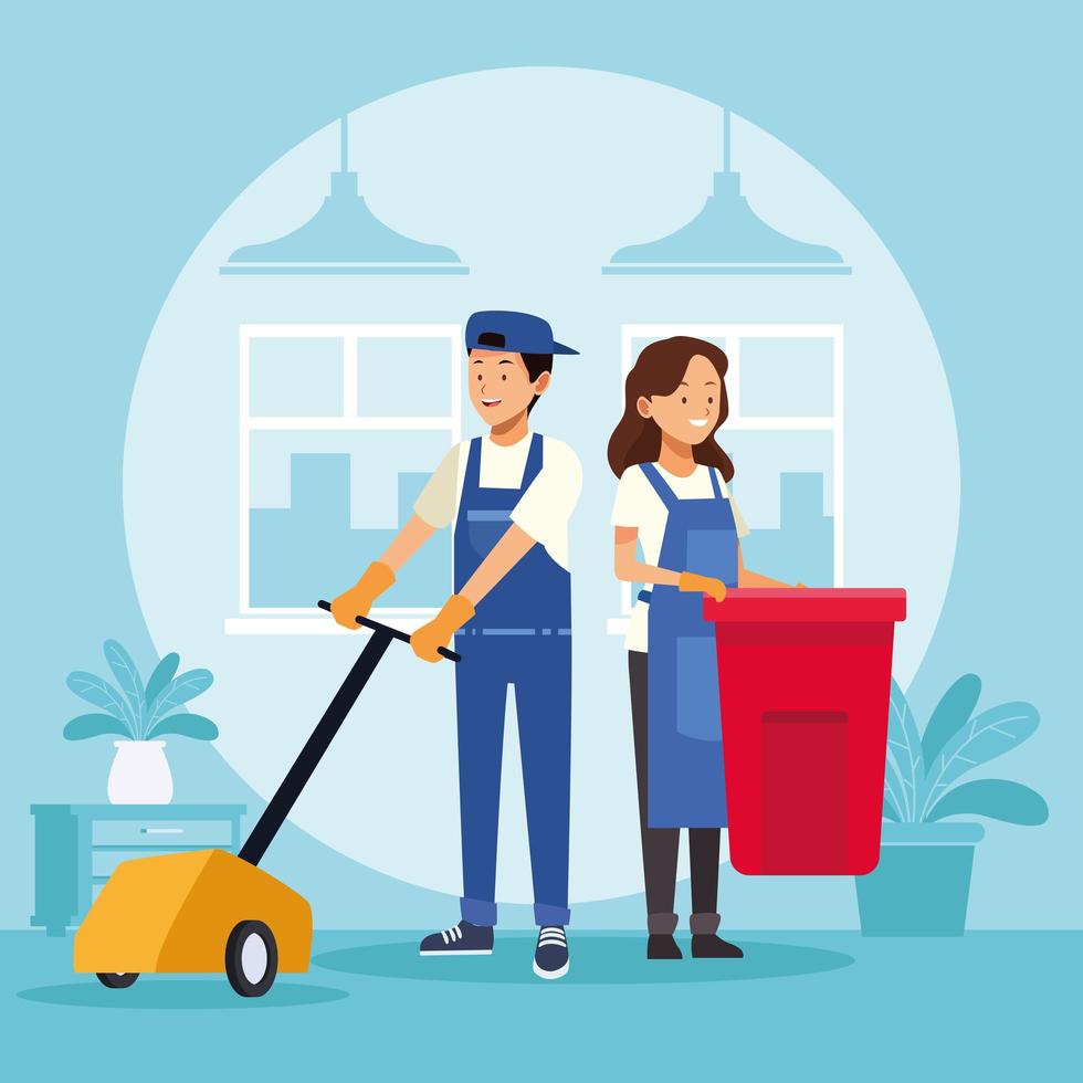 housekeeping couple workers with waste bin and floor shiner vector