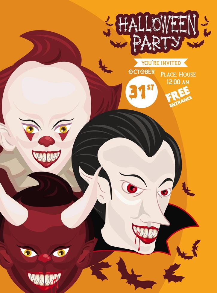 Cartel de celebración de fiesta de terror de Halloween con grupo de personajes oscuros vector