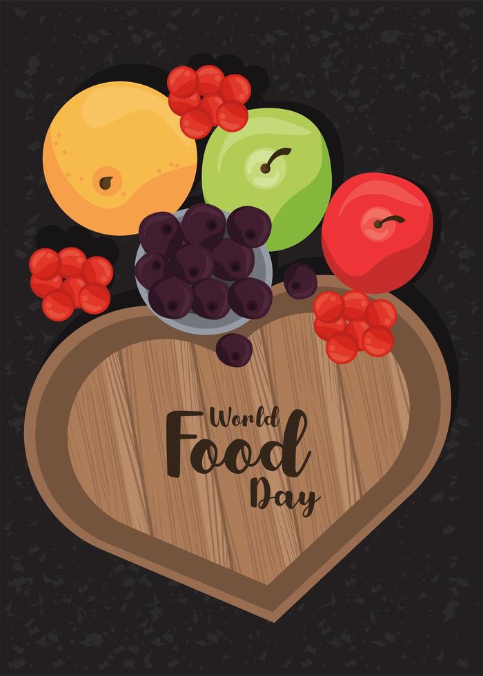 cartel del día mundial de la alimentación con verduras en tablero de corazón de madera vector