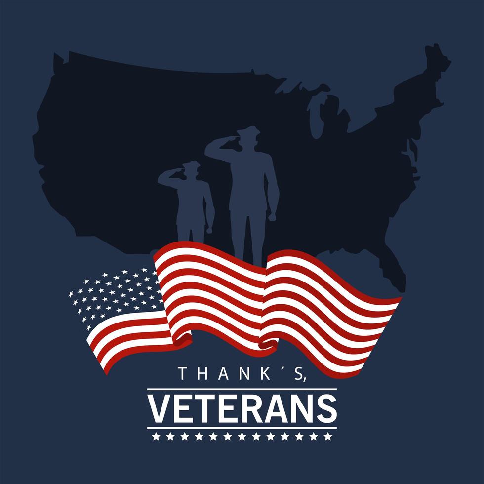 feliz día de los veteranos letras con oficiales militares y mapa de estados unidos vector