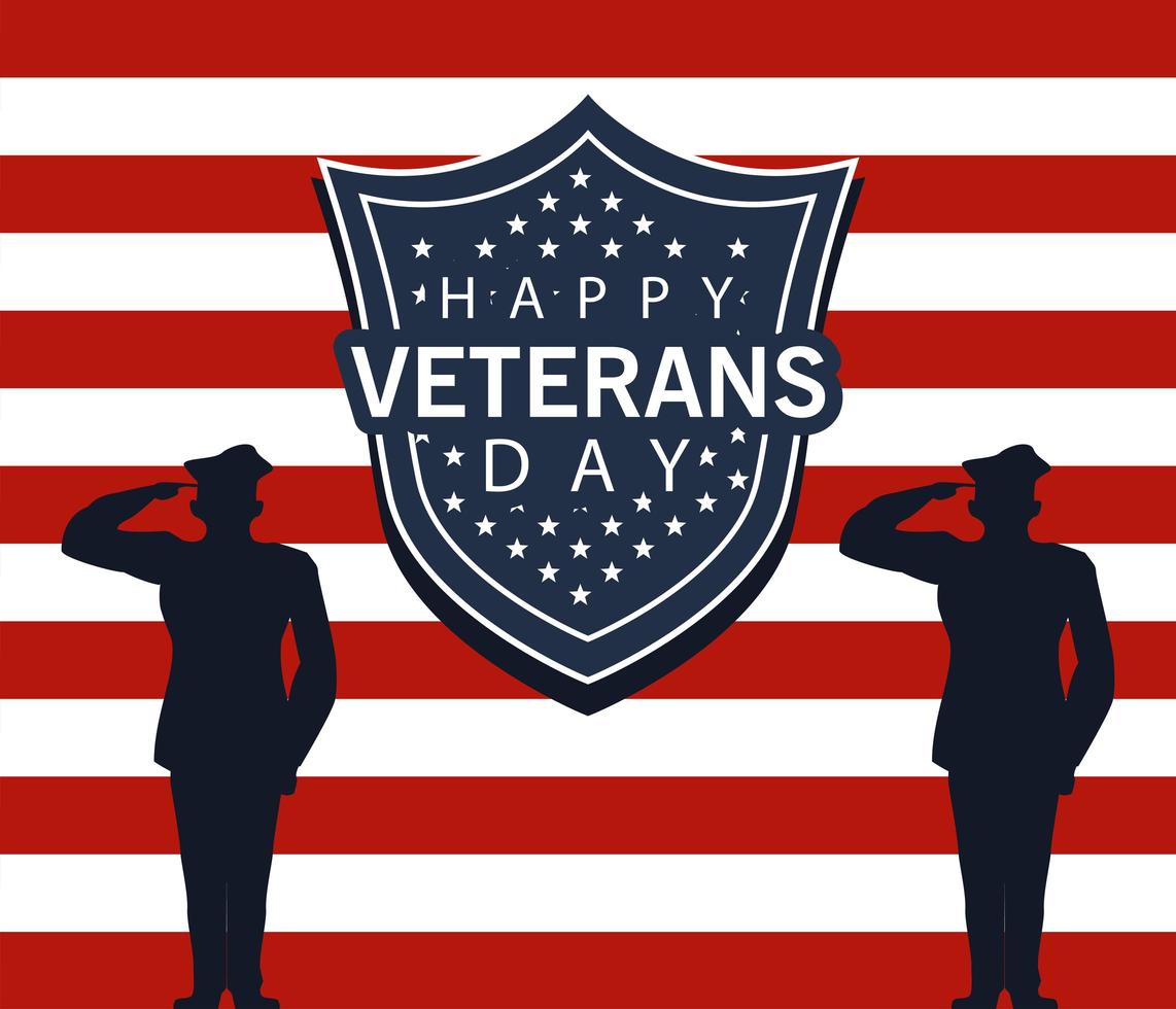 happy veterans day lettering with military officers and shield vector