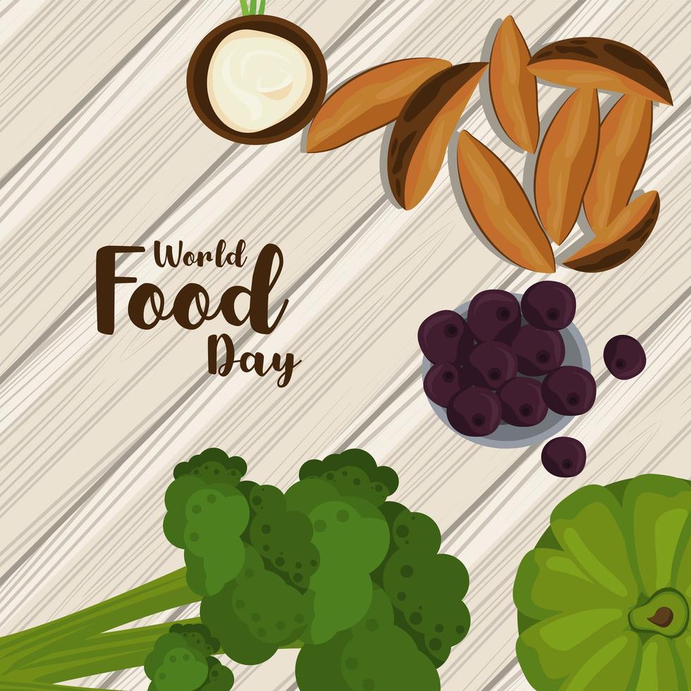 world food day poster with vegetables on wooden background vector