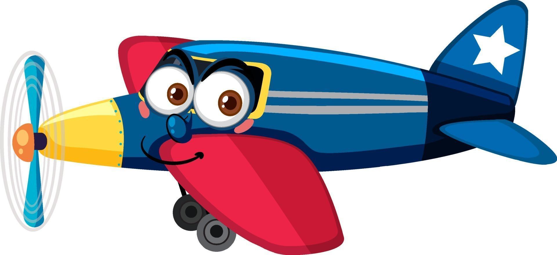 Avión con personaje de dibujos animados de expresión facial sobre fondo blanco. vector