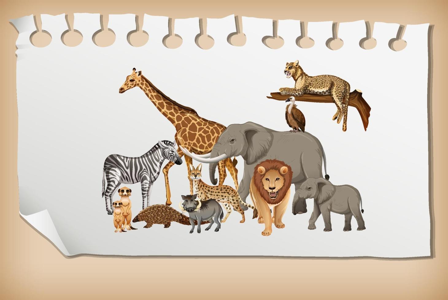 Group of wild african animal on paper vector