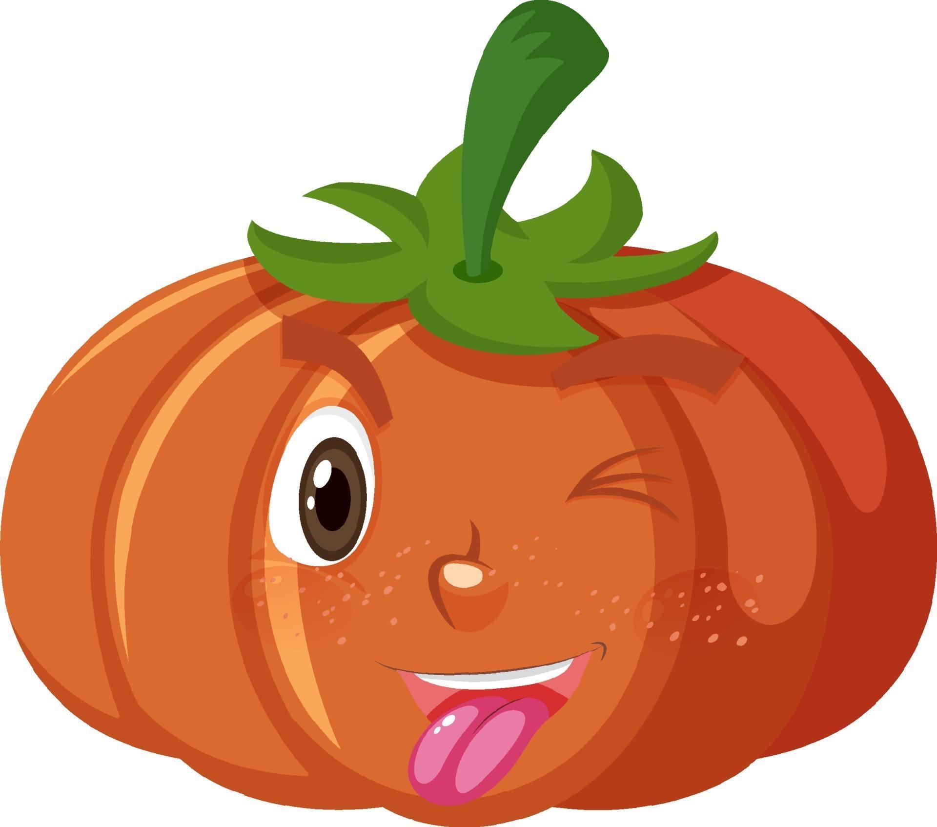 Cute pumpkin cartoon character with naughty face expression on white