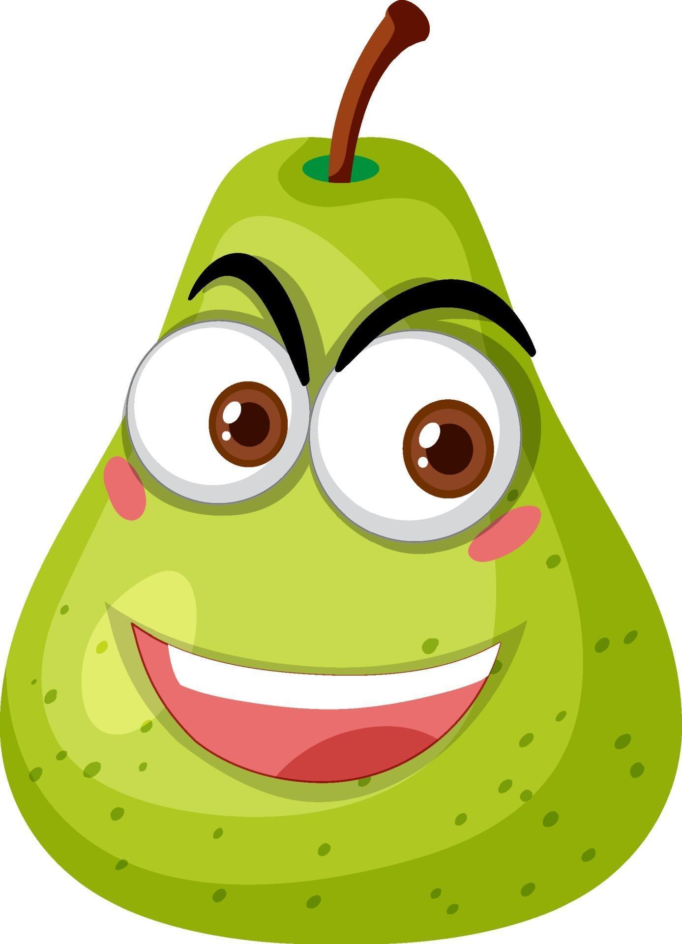Green pear cartoon character with happy face expression on white