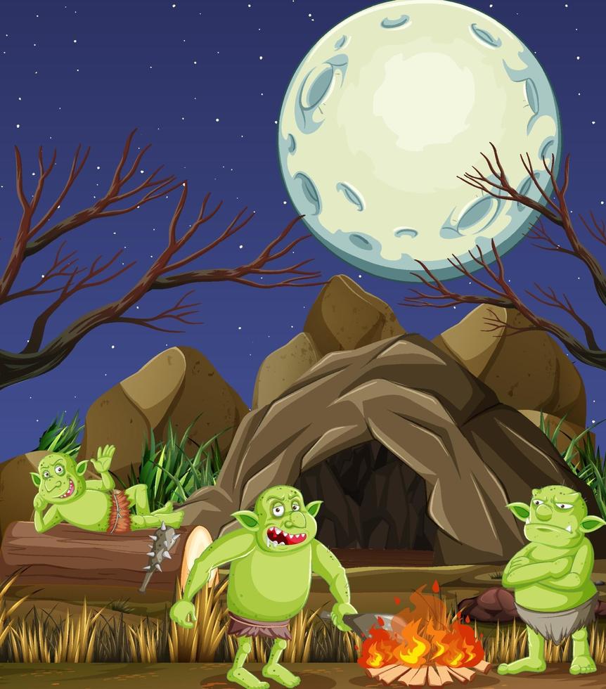 Night scene with goblin or troll cartoon character vector