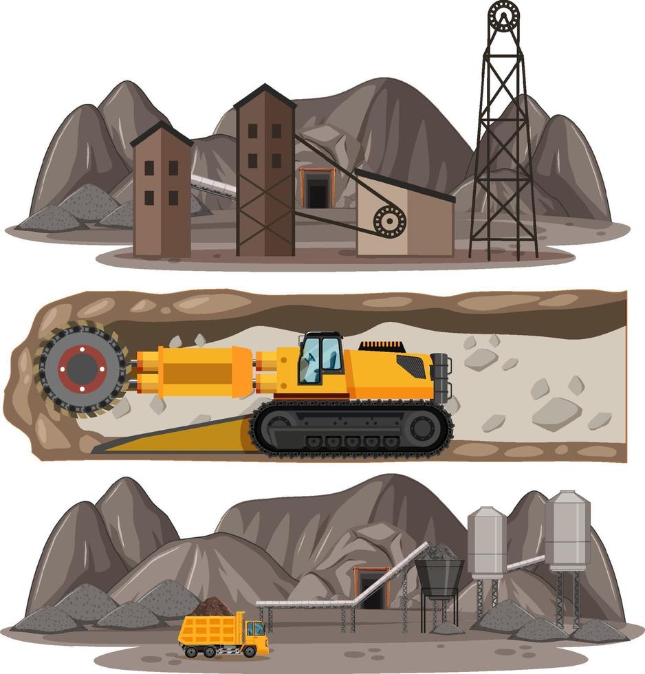 Escena de minería de carbón con diferentes tipos de camiones de construcción. vector