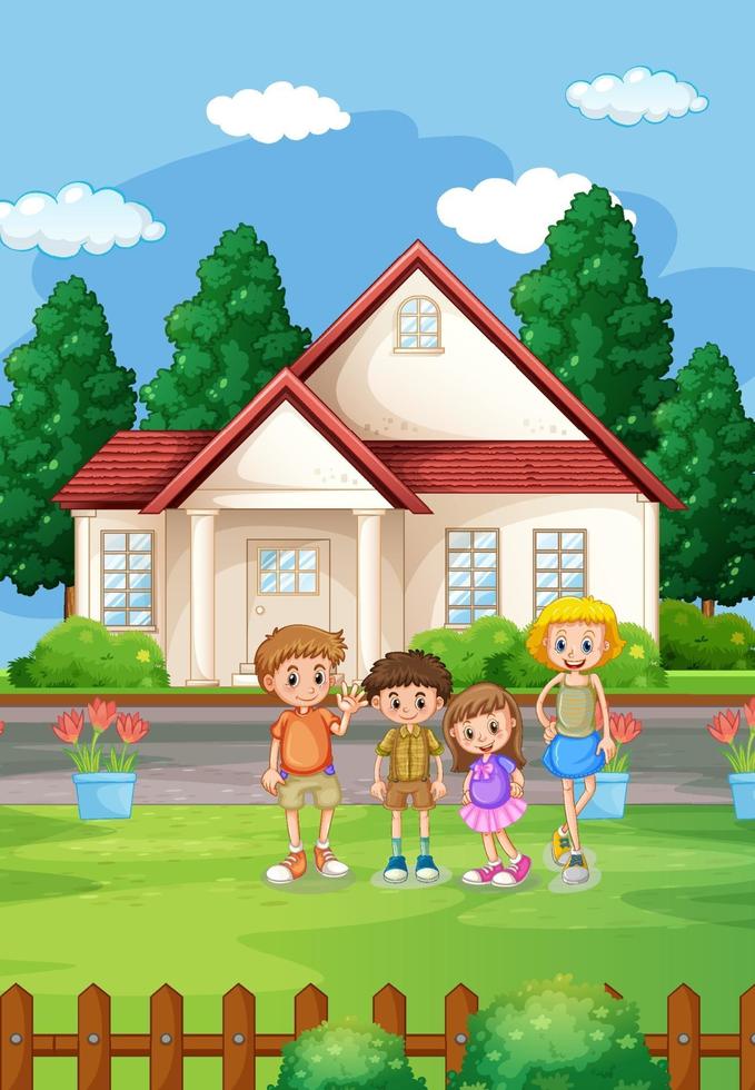 Outdoor house scene with many children vector