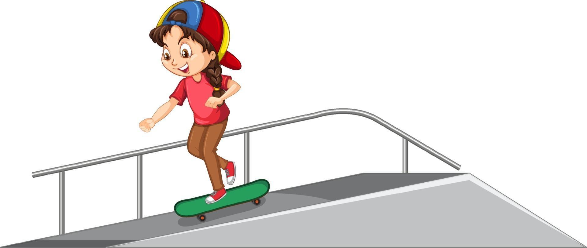 Niña jugando patineta en la rampa sobre fondo blanco. vector