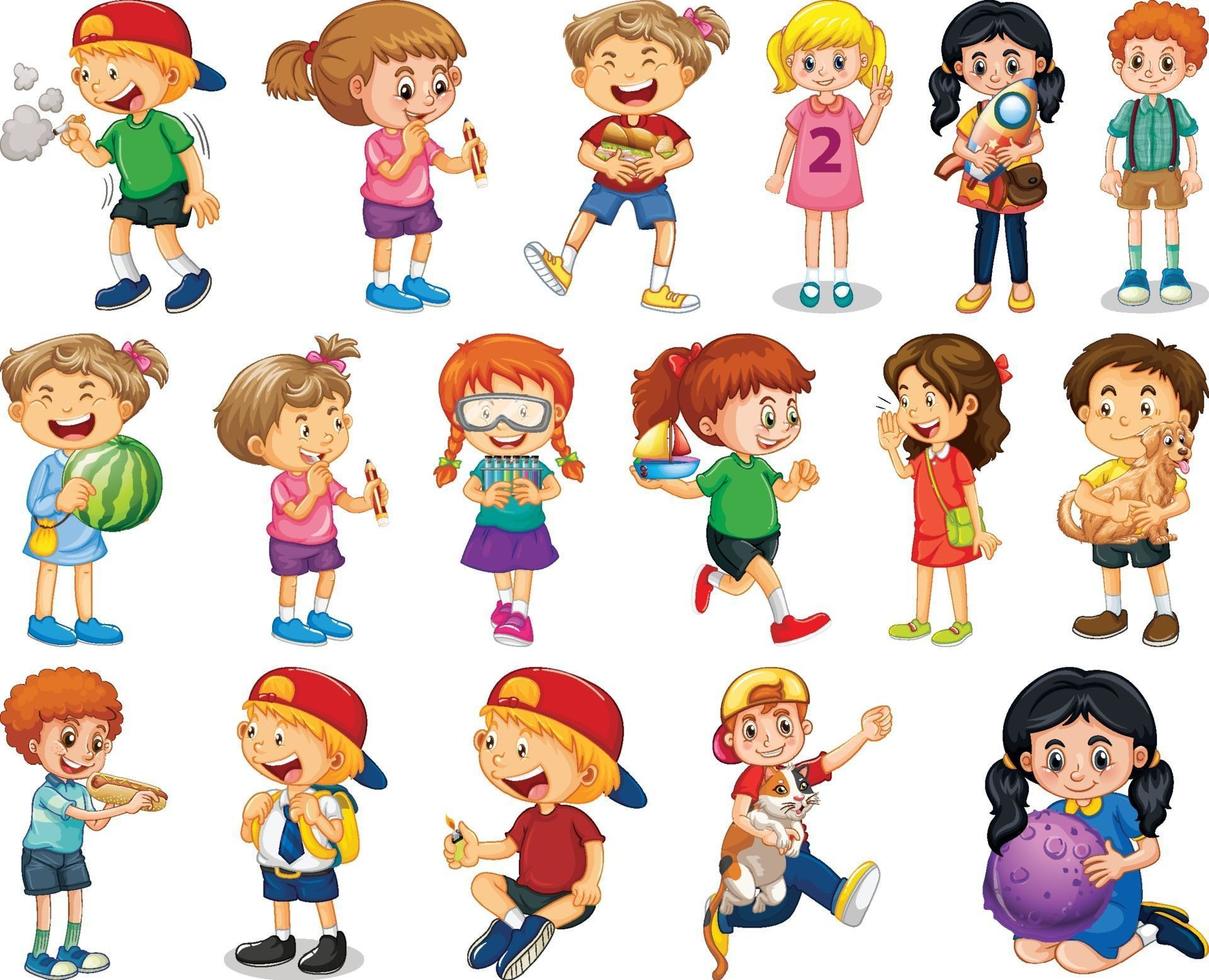 Children doing different activities cartoon character set on white background vector