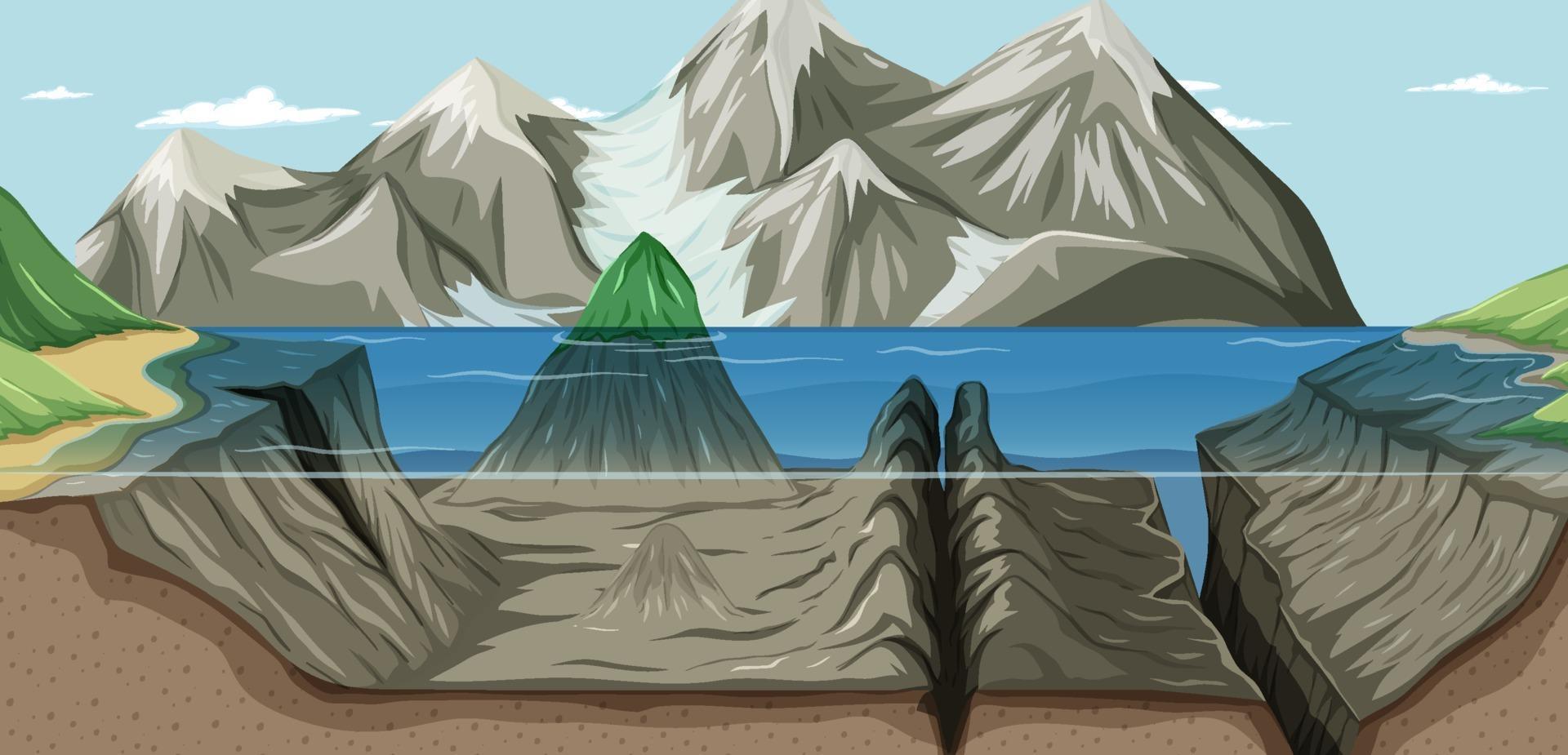 un paisaje bajo el agua y sobre el agua. vector