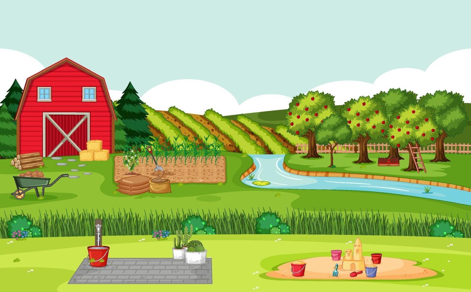 Farm scene with red barn in field landscape vector