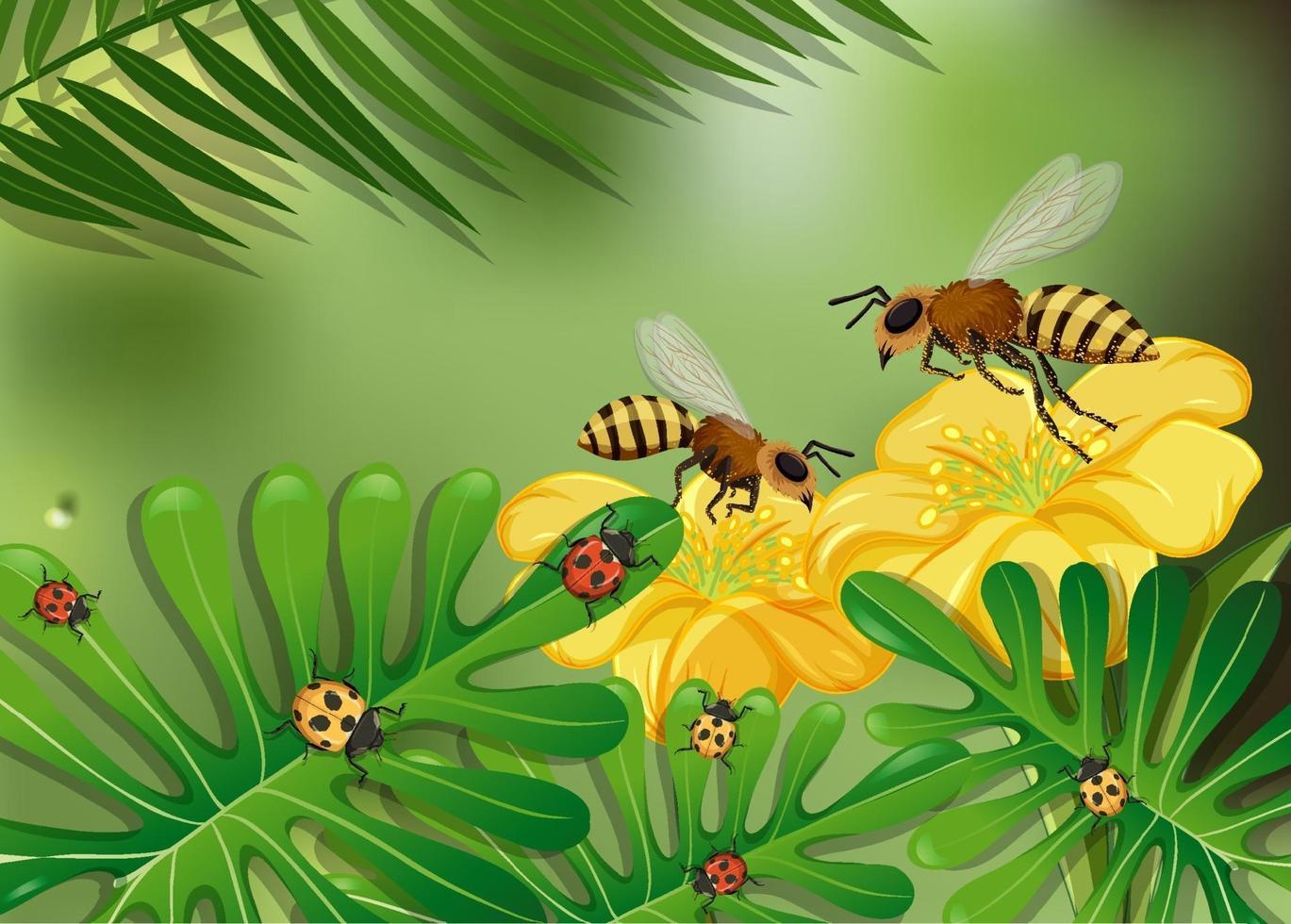 Cerrar escena de flores y hojas con muchas abejas y mariquitas vector