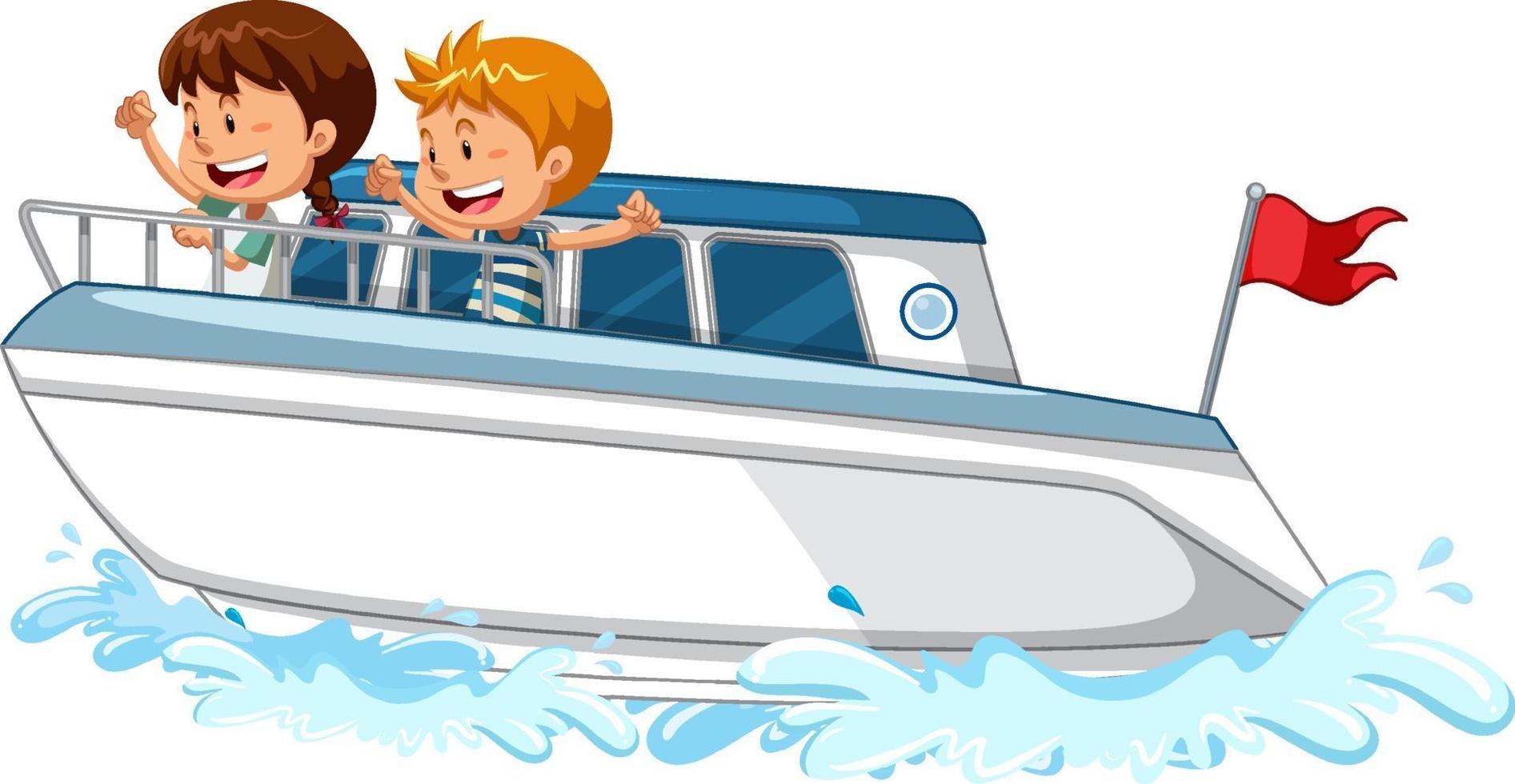 Children standing on a speed boat on white background vector