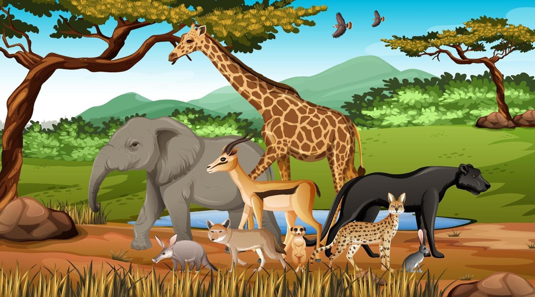 Grupo de animales salvajes africanos en la escena del bosque vector