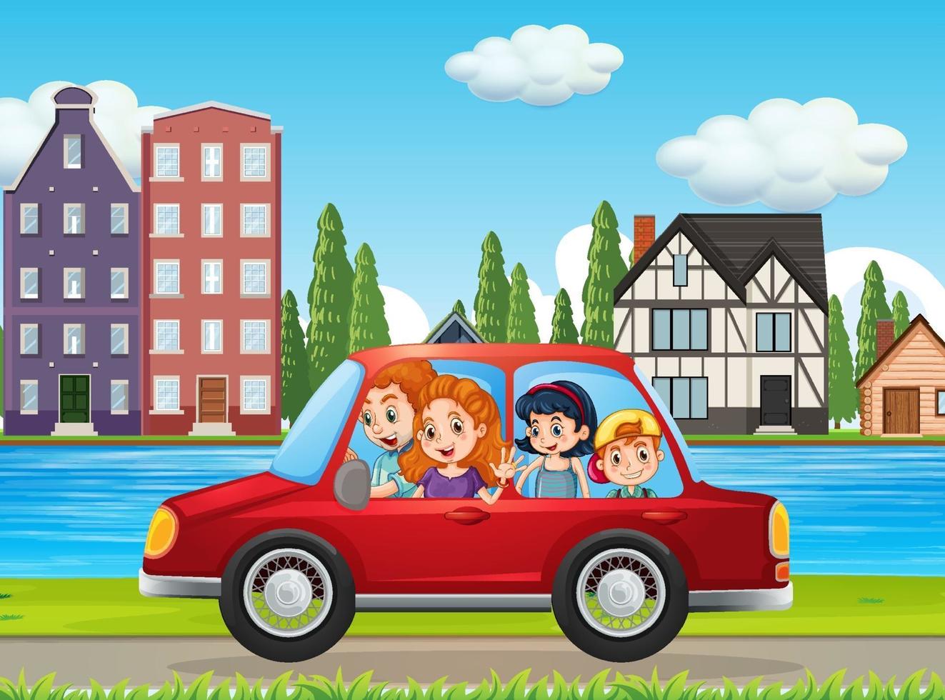 Happy family travelling in the city by red car vector