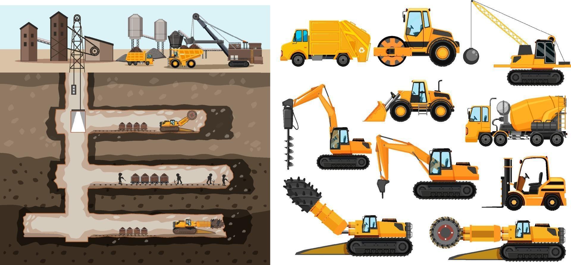 Coal mining scene with different types of construction trucks vector