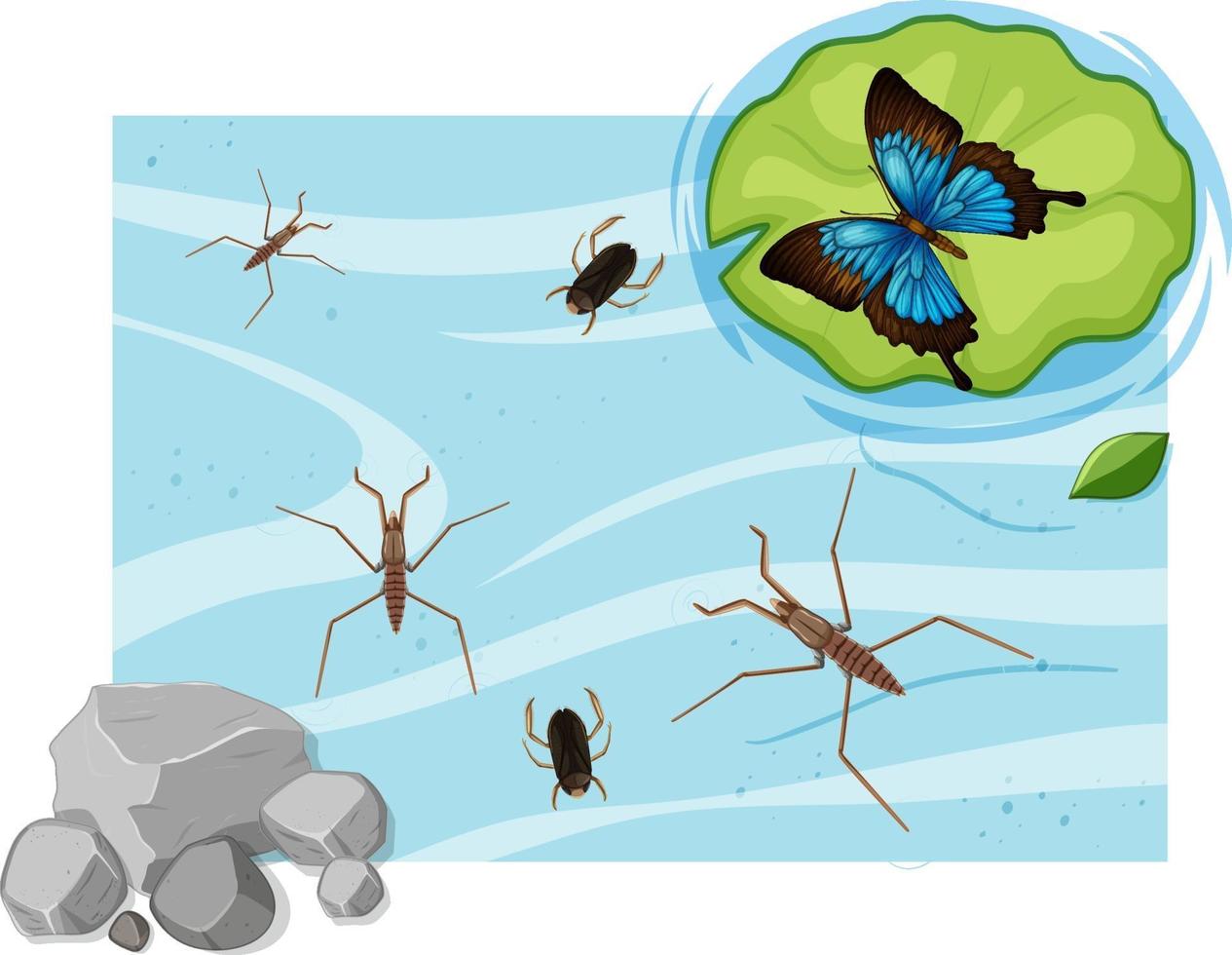 Top view of aquatic insects in the pond vector