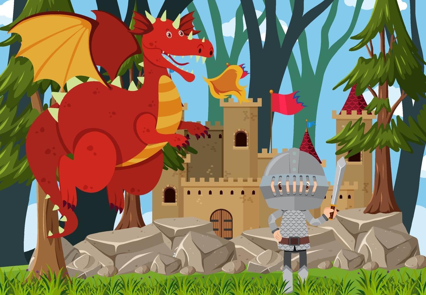 Escena de castillo al aire libre con personaje de dibujos animados de dragón y caballero vector