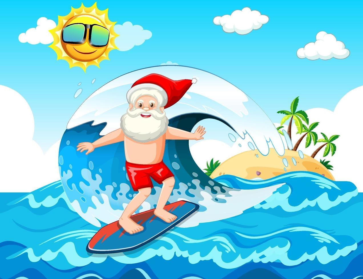 Santa Claus surfing at the beach for summer christmas vector