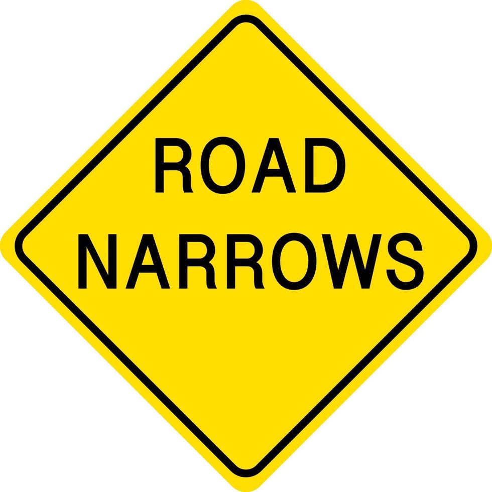 Road Narrows yellow sign on white background vector