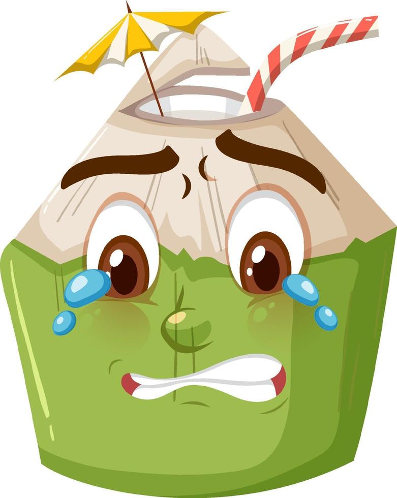Cute coconut cartoon character with crying face expression on white background vector