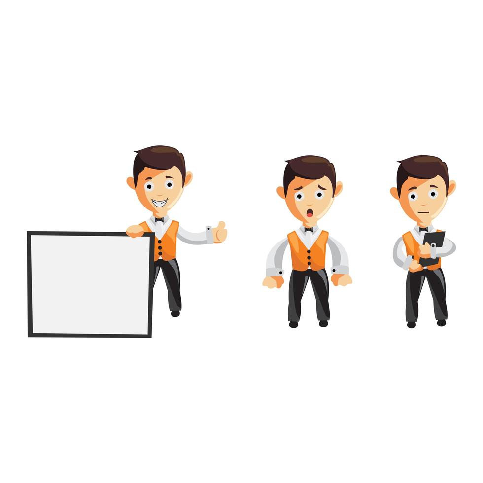 Set of cartoons of cute waiter in different poses vector