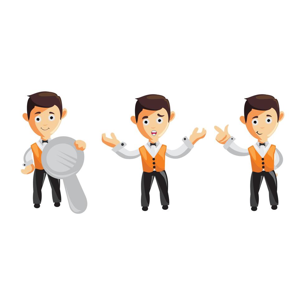 Set of cartoons of cute waiter in different poses vector