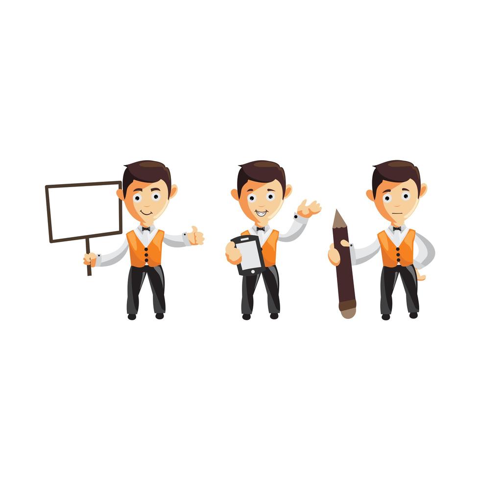 Set of cartoons of cute waiter in different poses vector